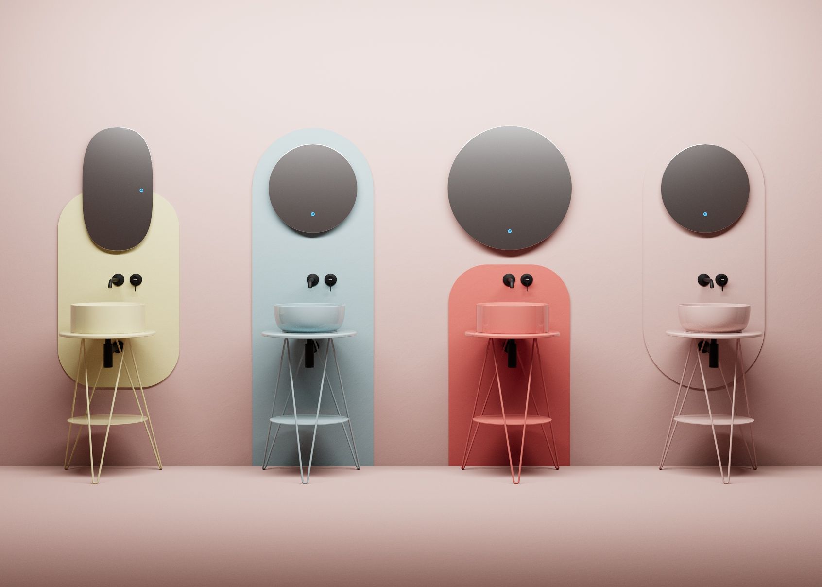 Cuatro lavabos de baño minimalistas y coloridos con espejos incorporados, sobre un fondo rosa.