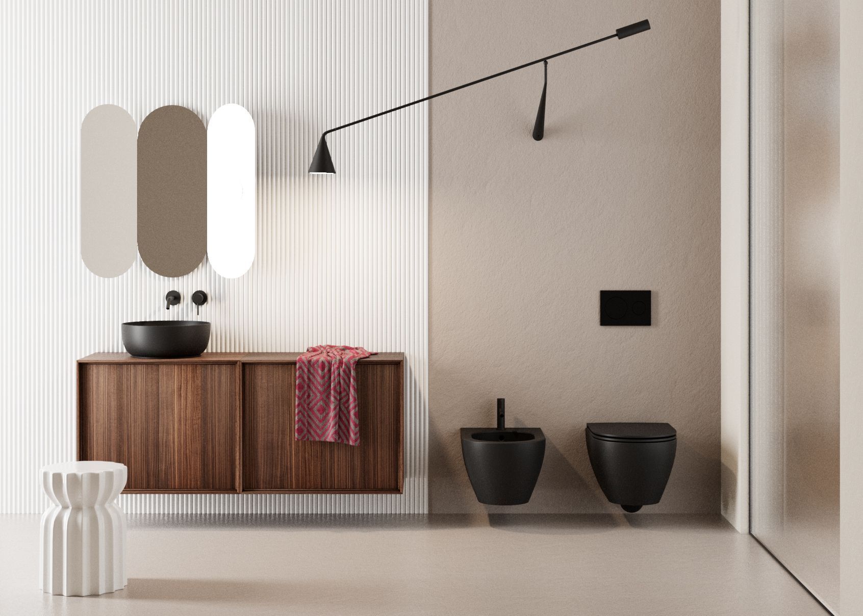 Baño moderno con tocador de madera, grifería negra, toalla estampada y espejos decorativos.
