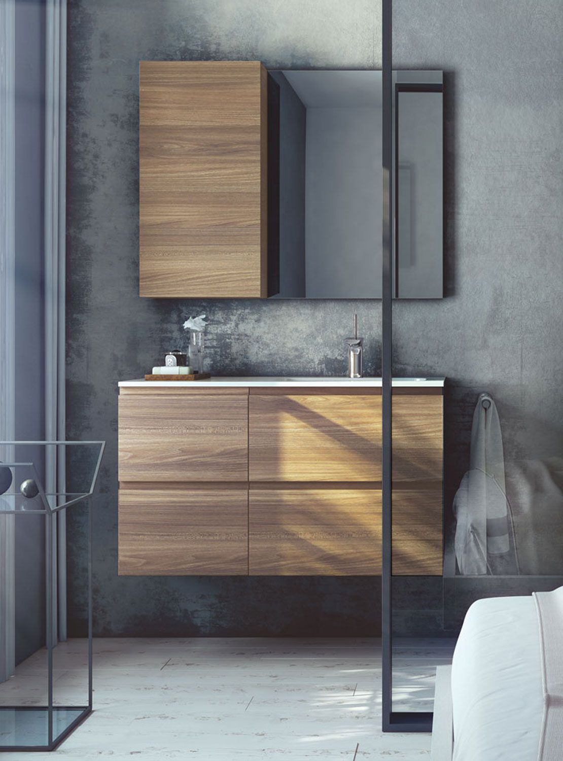 Baño moderno con tocador, armario y espejo de madera contra una pared gris.