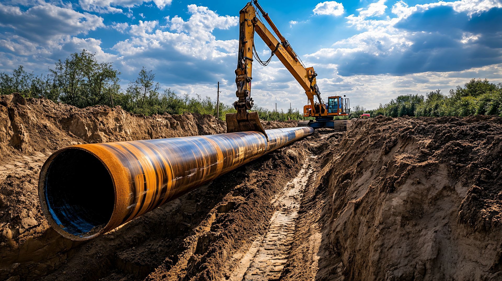 Une tractopelle et un tuyau