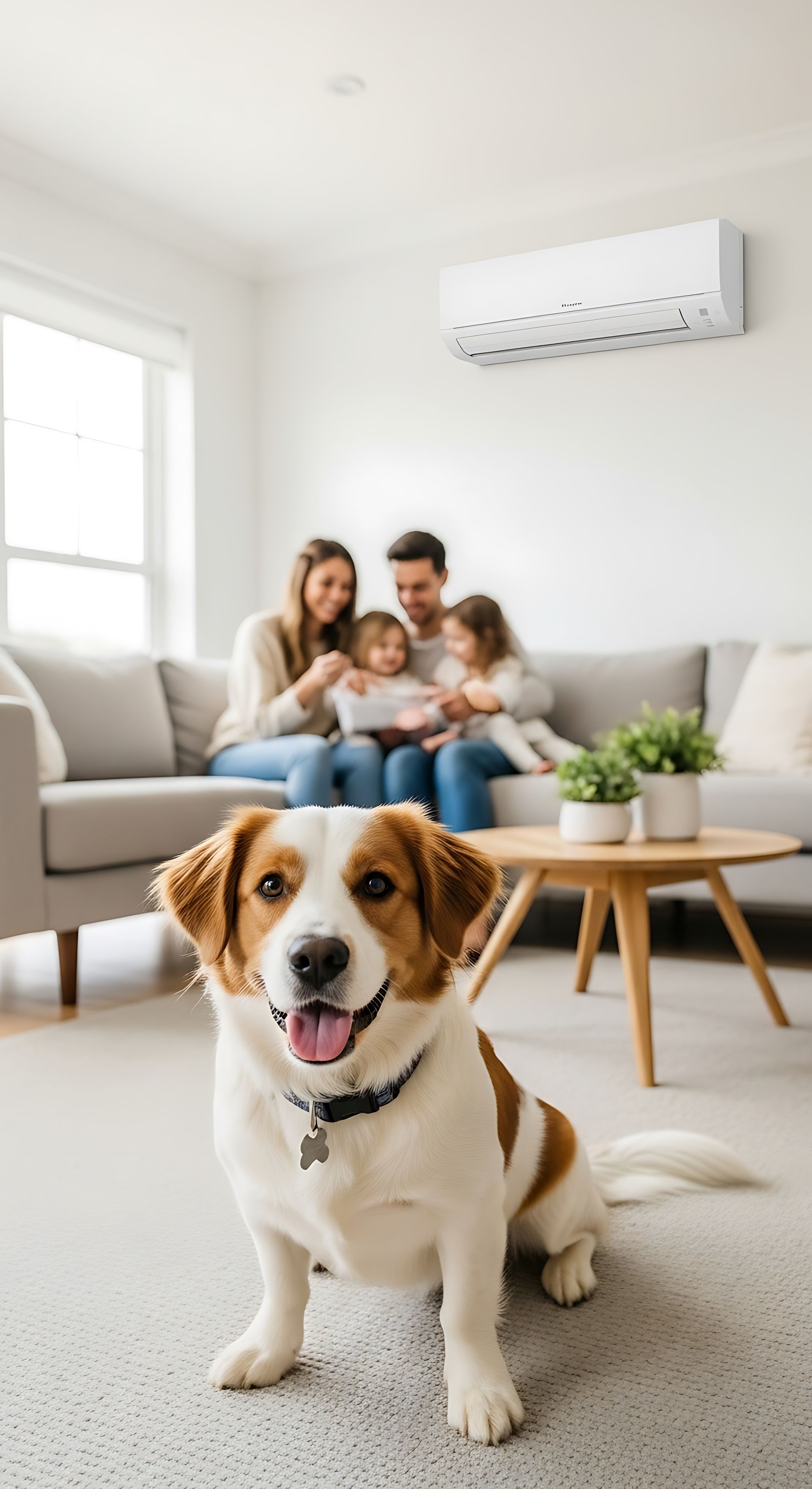 Un chien est assis devant une famille sur un canapé dans un salon. Climatiseur au-dessus.