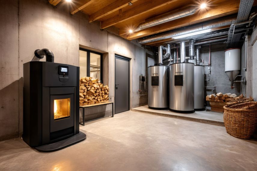 Sous-sol moderne avec poêle à granulés noirs, stockage de bois et réservoirs de chauffage argentés.