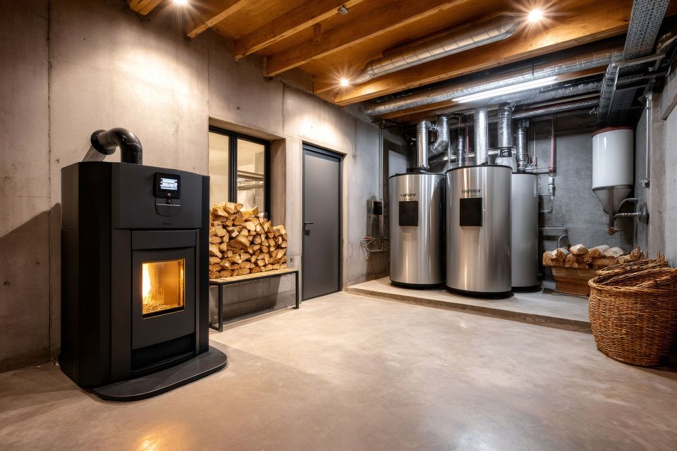 Sous-sol moderne avec poêle à granulés noirs, stockage de bois et réservoirs de chauffage argentés.