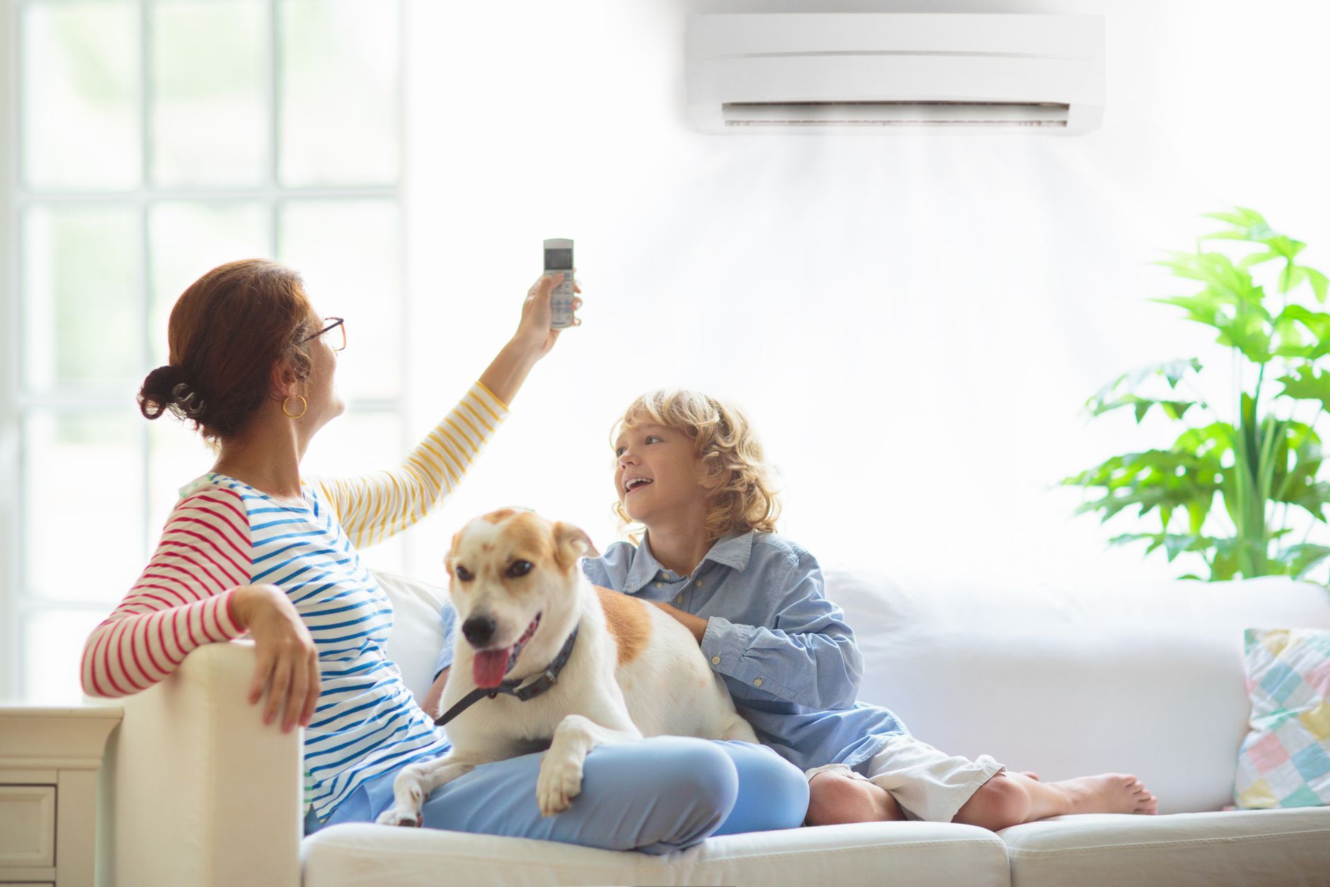 Une femme et un garçon assis sur un canapé avec un chien utilisent la télécommande du climatiseur dans un salon lumineux.