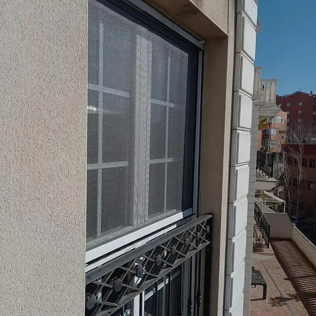 Ventana con mosquitera, barandilla metálica decorativa y fondo de paisaje urbano.