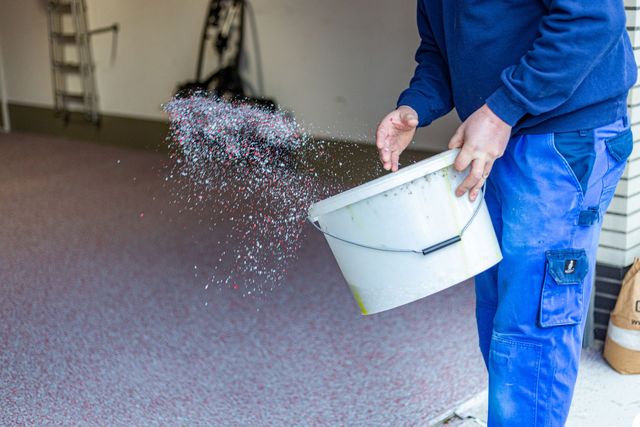 Eine Person in blauer Arbeitskleidung breitet mit einem weißen Eimer Material auf einem Teppichboden aus.