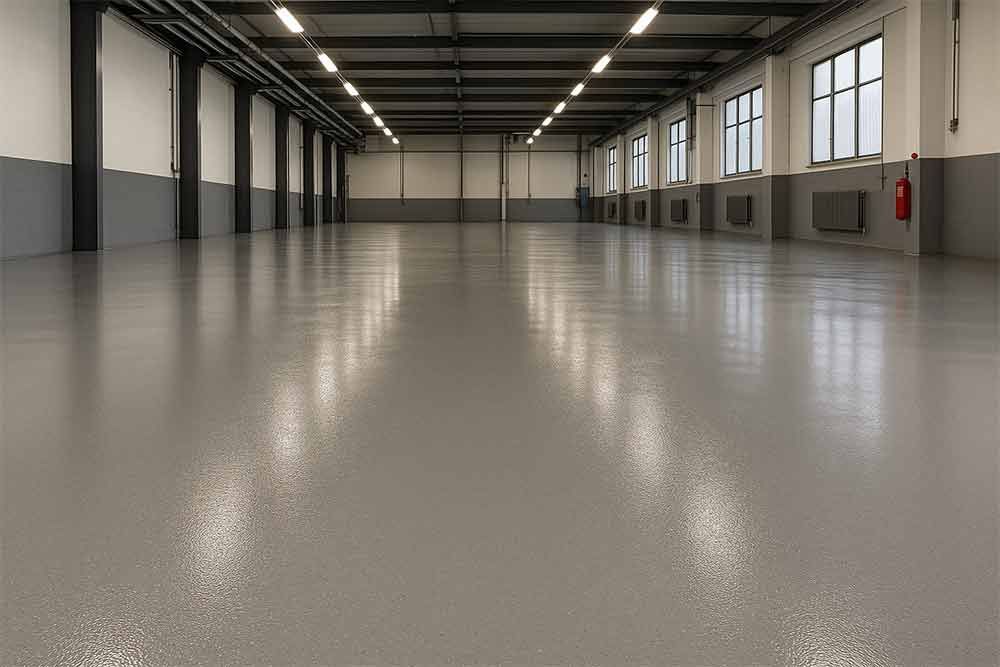 Eine große leere Lagerhalle mit Betonboden und vielen Fenstern.