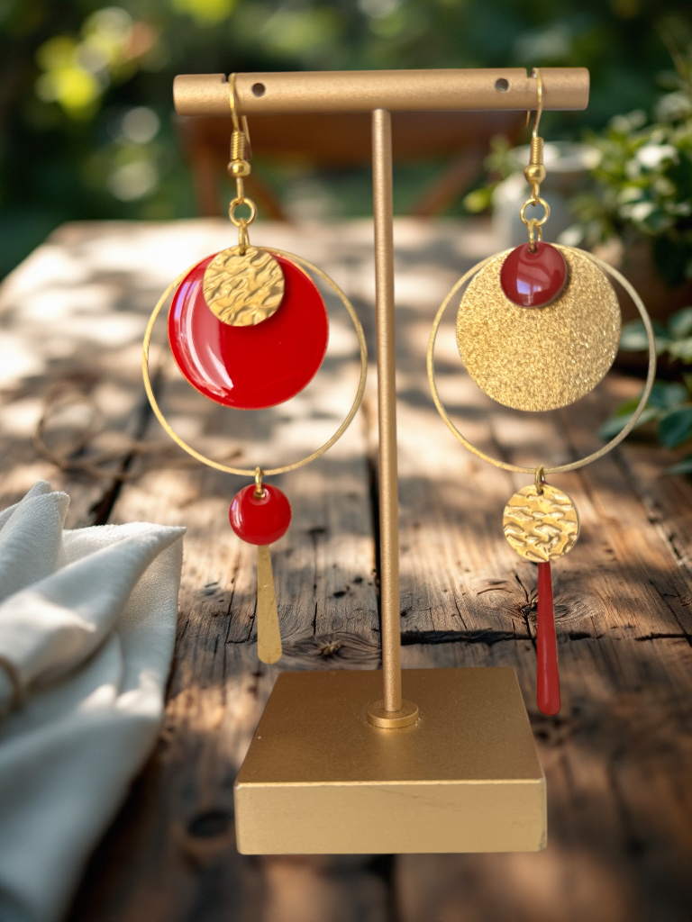 Boucles d'oreilles dorées et rouges exposées sur un présentoir à l'extérieur.