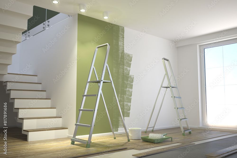 Treppe und Wand werden renoviert; Leitern, Farbwanne und teilweise grün gestrichene Akzentwand sind vorhanden.