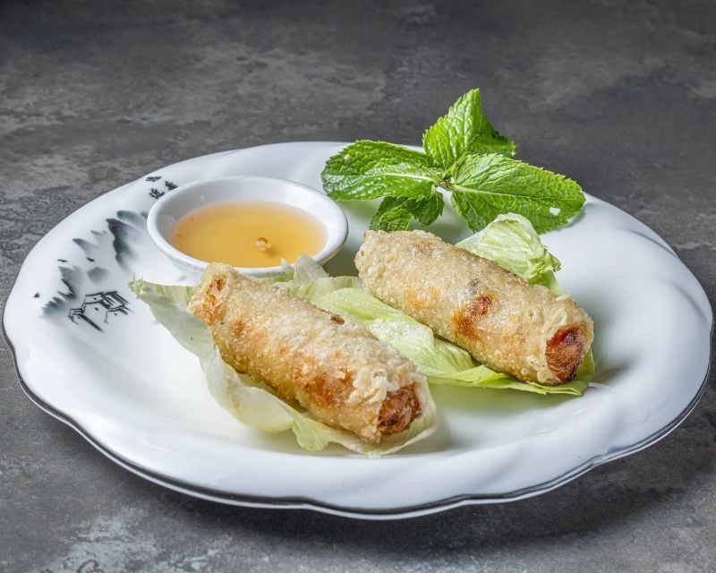Une assiette blanche garnie de deux rouleaux de printemps et d'une sauce à tremper.