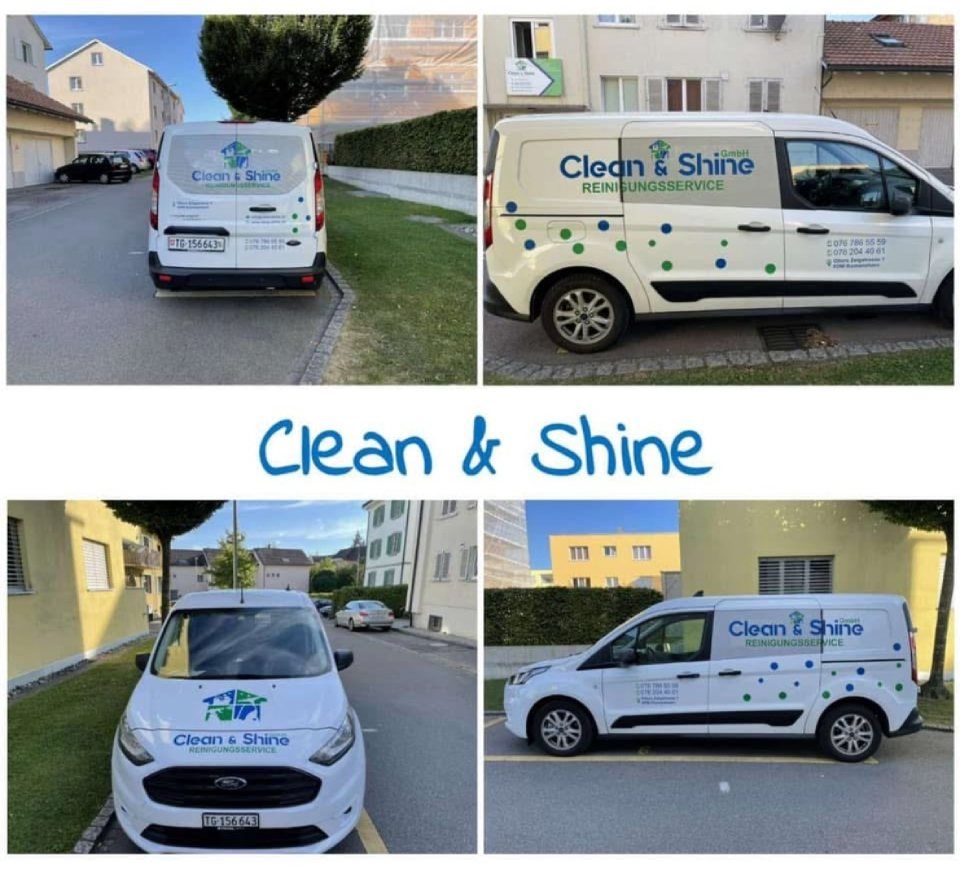 Vier Ansichten eines weissen Lieferwagens mit dem Logo „Clean & Shine“ und grünen Punkten, der auf der Strasse parkt.