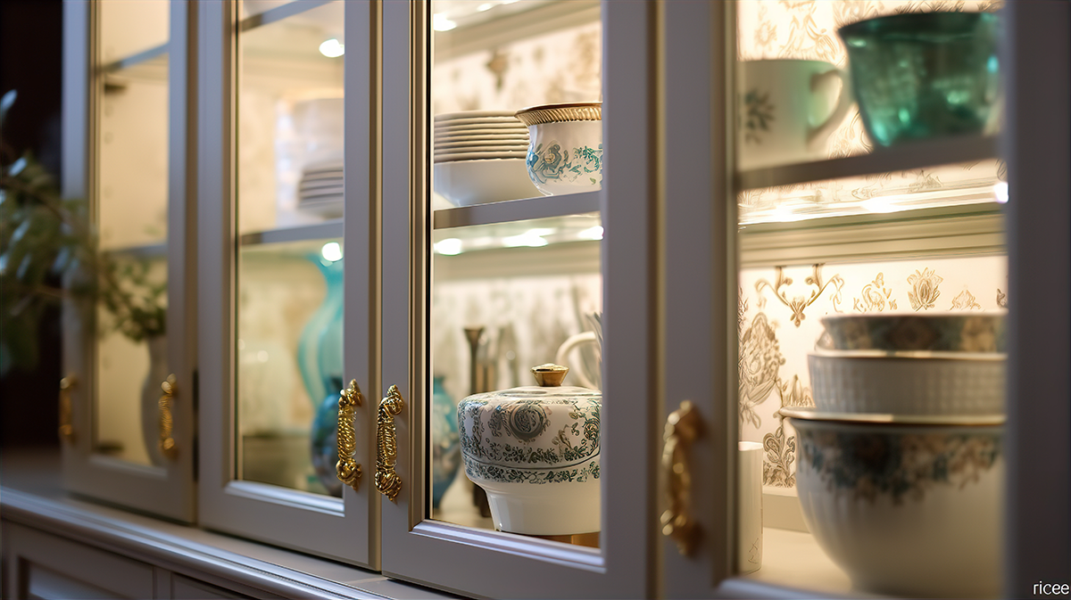 Une armoire avec de la vaisselle ancienne