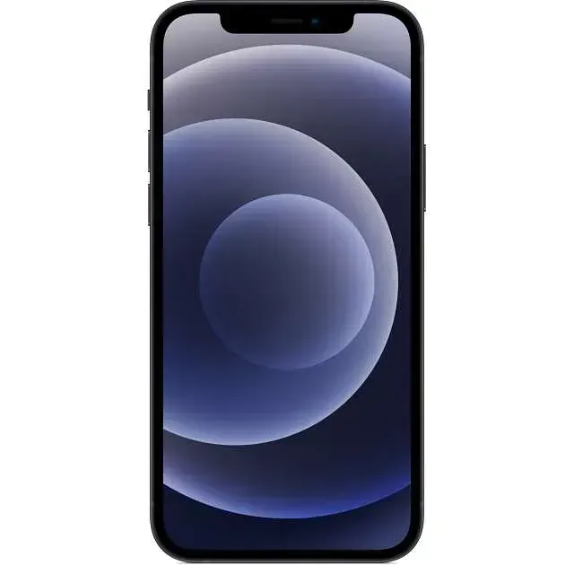 Un iPhone 12 negro con un círculo azul en la pantalla.
