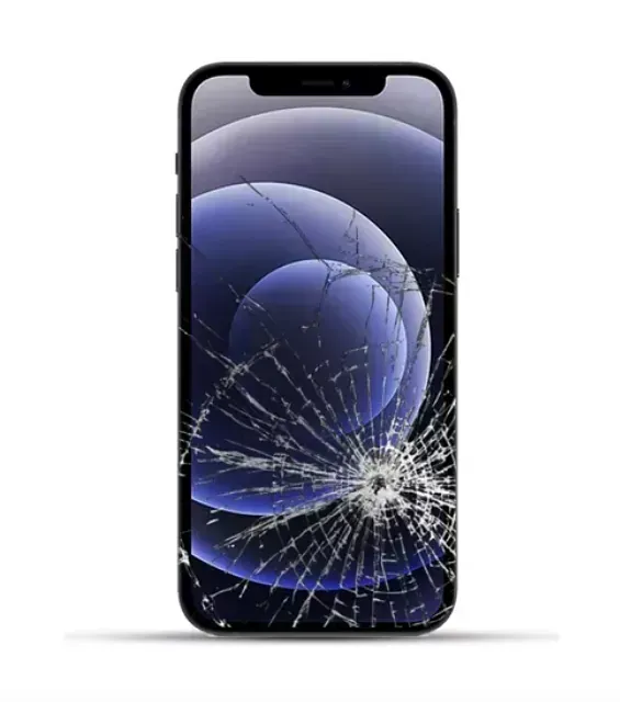 Un teléfono celular con la pantalla rota sobre un fondo blanco.