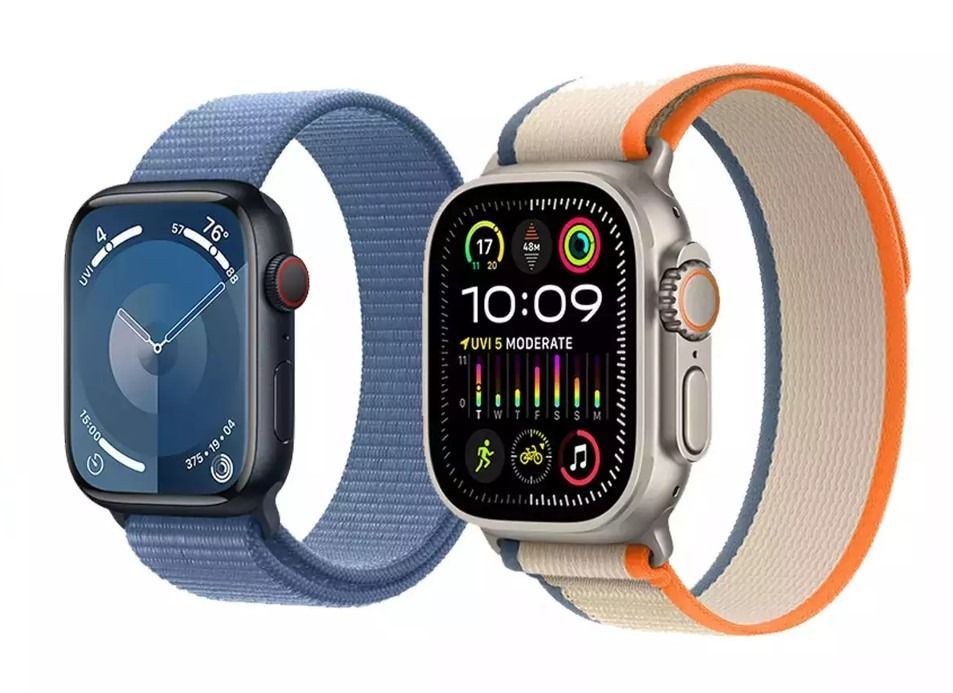 Dos relojes Apple están uno al lado del otro sobre un fondo blanco.