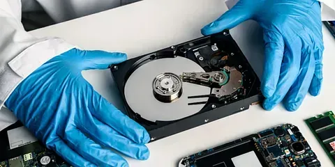 Una persona que lleva guantes azules está trabajando en un disco duro.