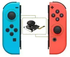 Un controlador Joy Con azul y rojo de Nintendo Switch con un joystick adjunto.
