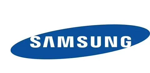 El logotipo de Samsung es azul y blanco sobre un fondo blanco.