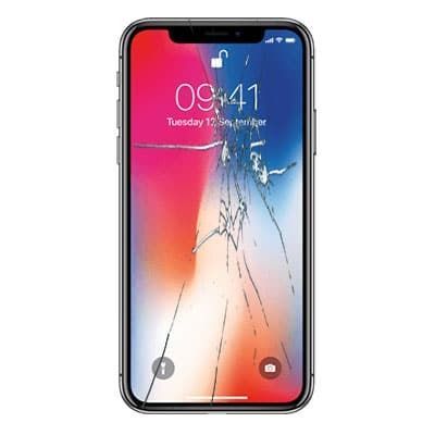 Un iPhone X con la pantalla rota sobre un fondo blanco.