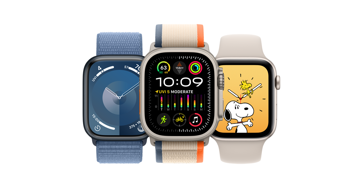 Tres relojes Apple están uno al lado del otro sobre un fondo blanco.