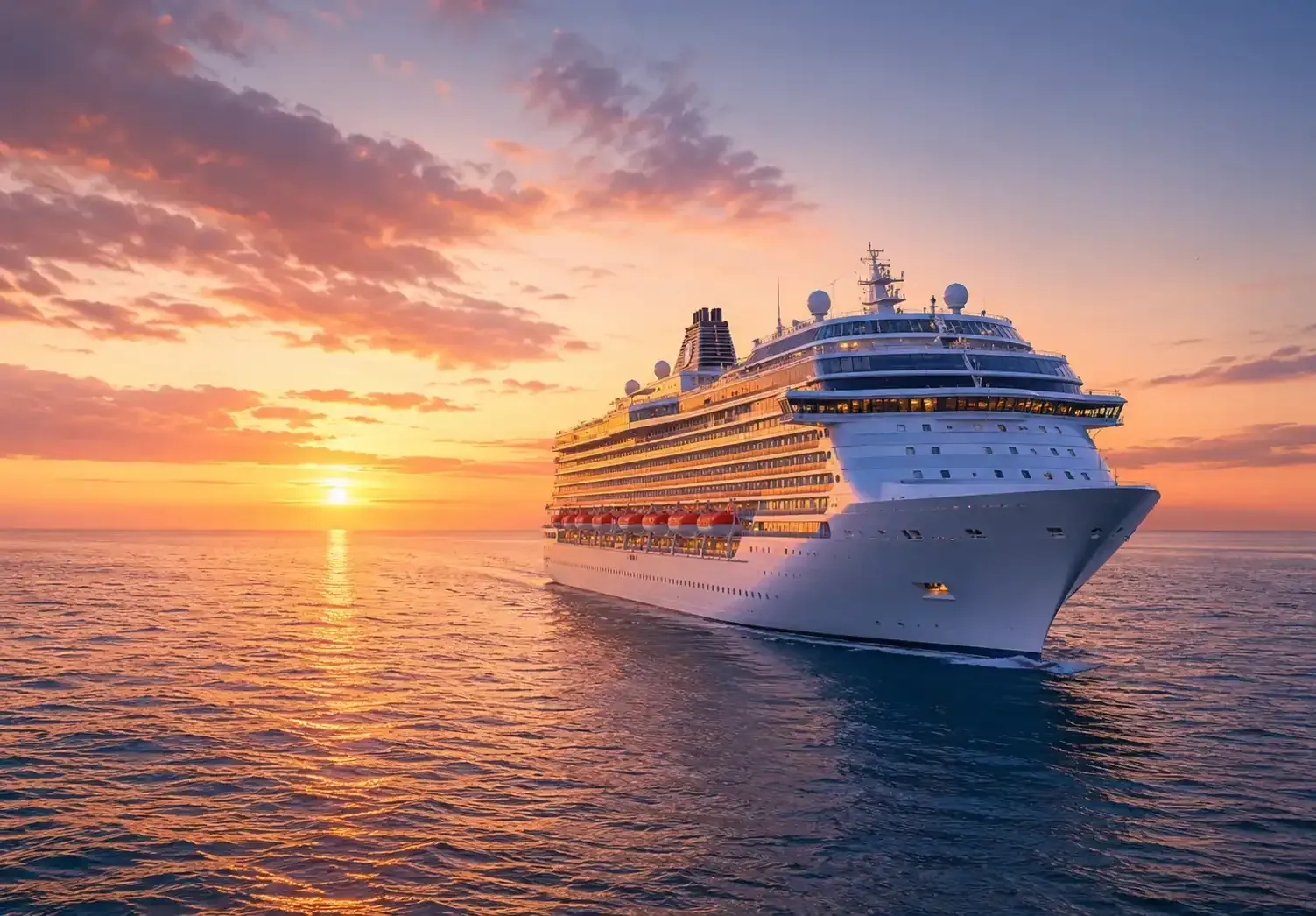 Un gran crucero blanco navega sobre aguas tranquilas al atardecer, con un cielo naranja y rosa que brilla sobre el horizonte.