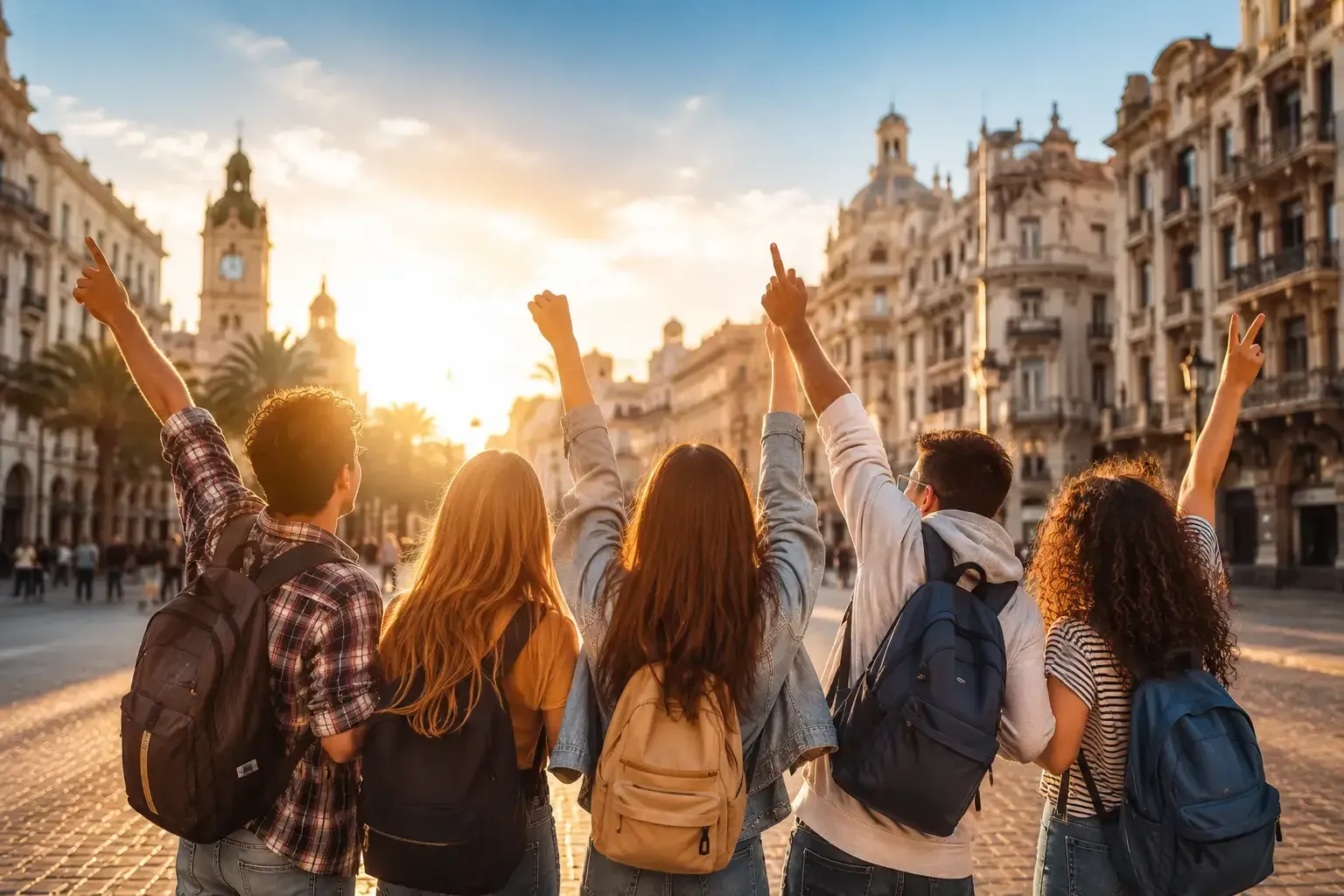 Cinco amigos con mochilas celebrando en una plaza histórica de la ciudad iluminada por el sol.
