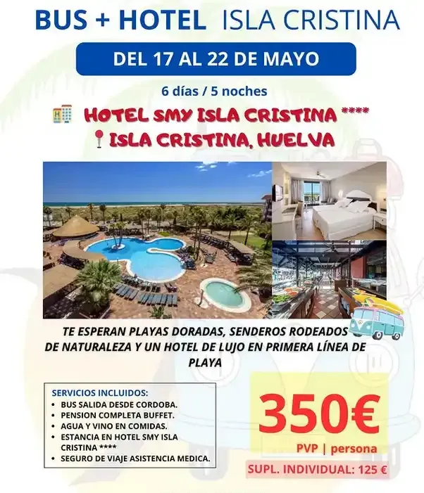 Oferta de autobús + hotel para Isla Cristina, Huelva, del 14 al 22 de mayo, 6 días/5 noches, 350€ por persona.