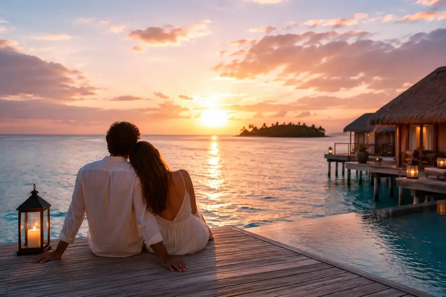 Una pareja sentada junto a una linterna en un muelle al atardecer, con vistas a las tranquilas aguas