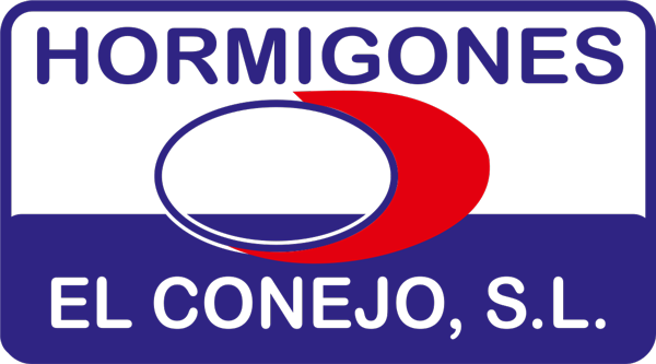 El logotipo de Hormigones El Conejo, SL presenta texto y una forma abstracta en rojo, blanco y azul.