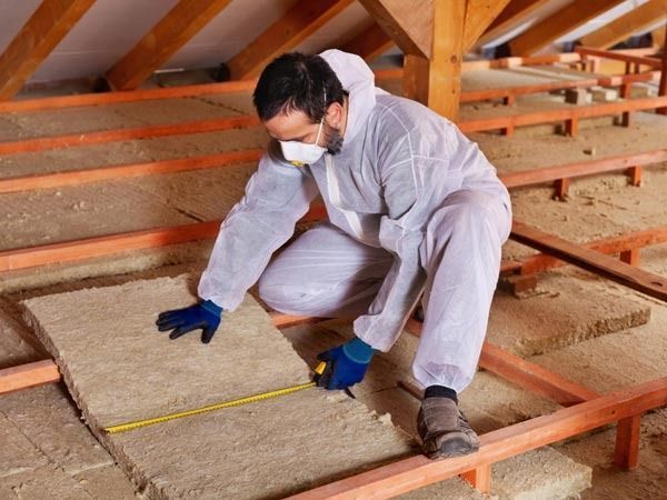 Un hombre está midiendo un trozo de aislamiento con una cinta métrica.