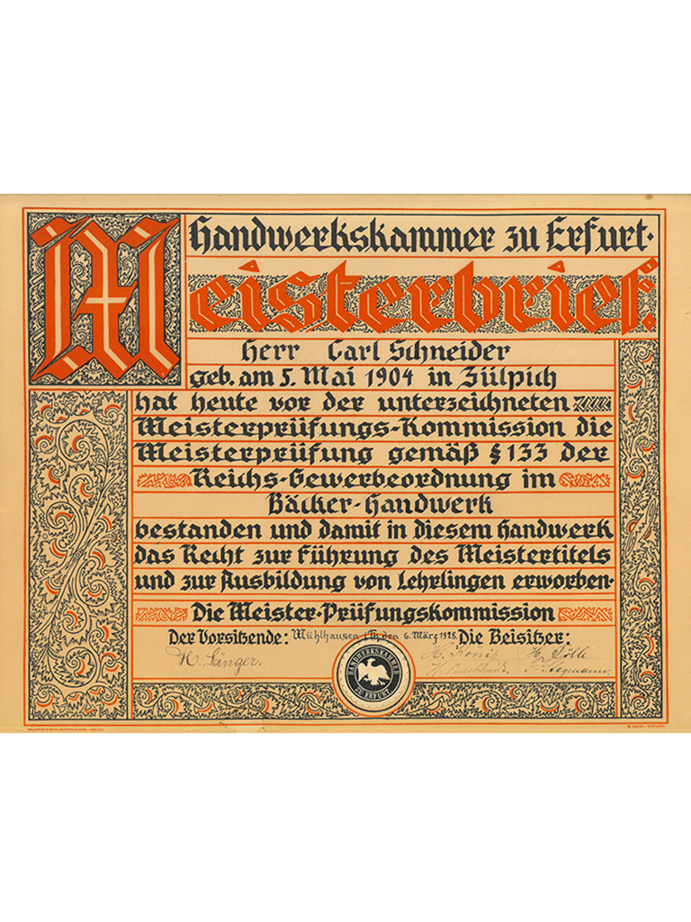 Ein Meisterbrief in Altdeutscher Schrift.