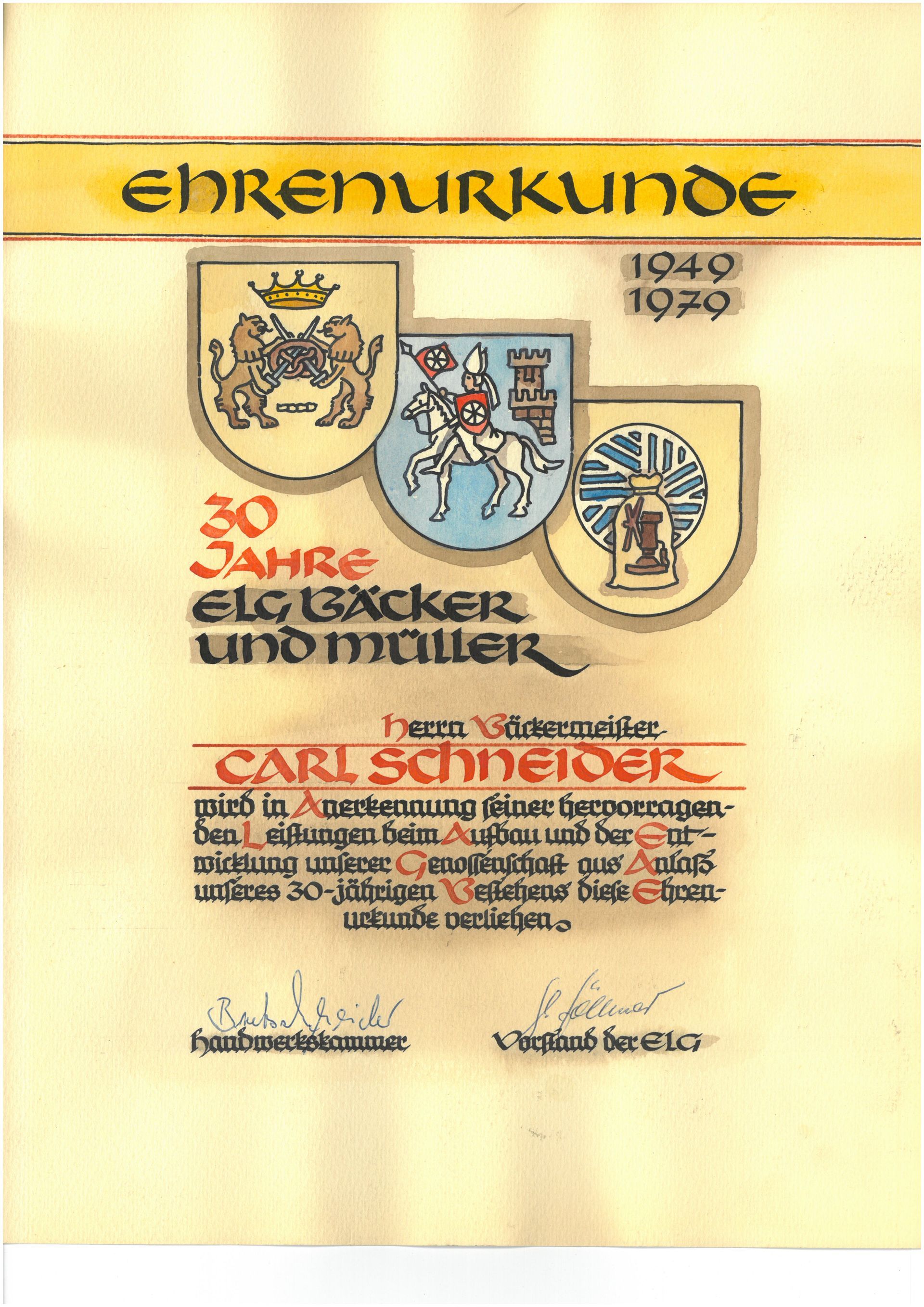 Eine Ehrenurkunde (30 Jahre) mit drei Wappen auf einem weißen Hintergrund.