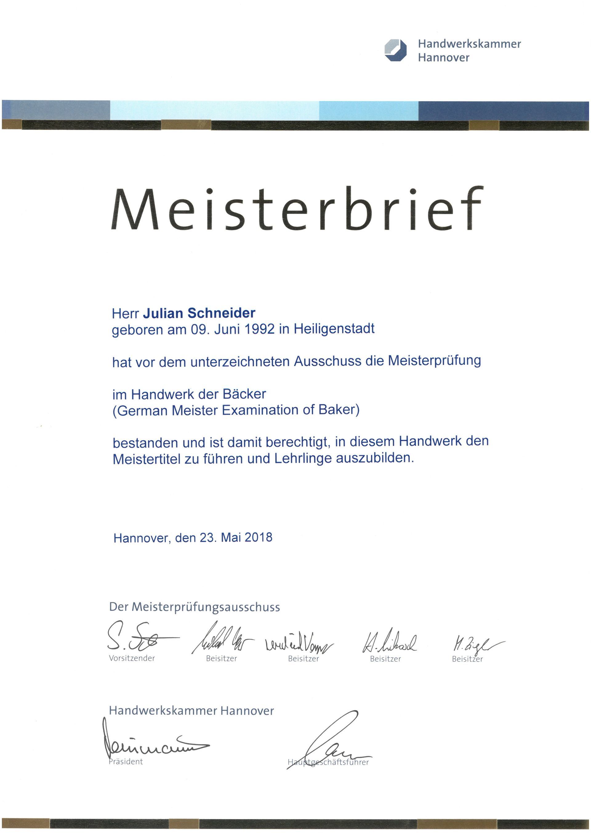 Julian Schneider Meisterbrief