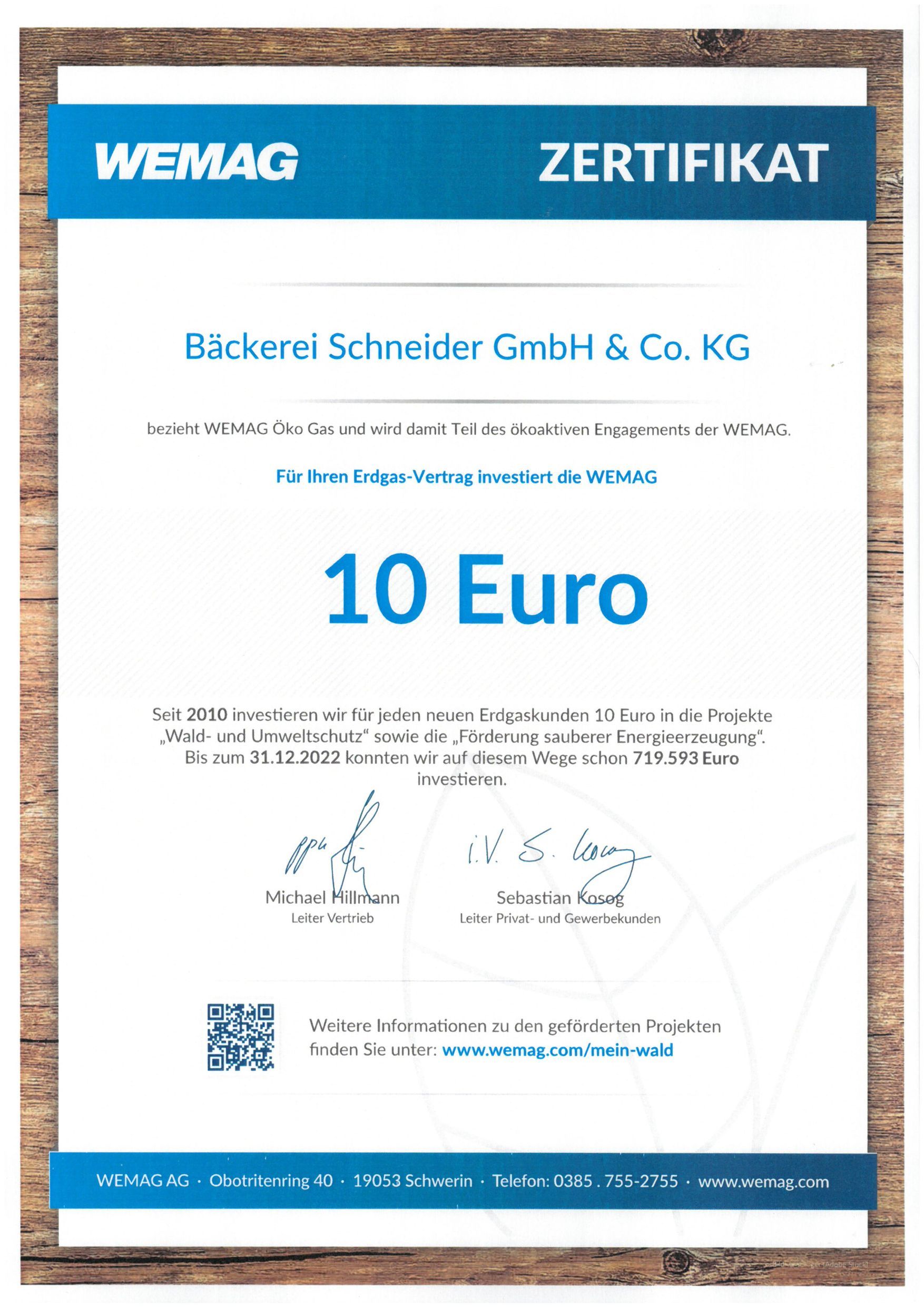 Zertifikat der WEMAG für den Erdgas-Vertrag der Bäckerei Schneider GmbH & Co. KG