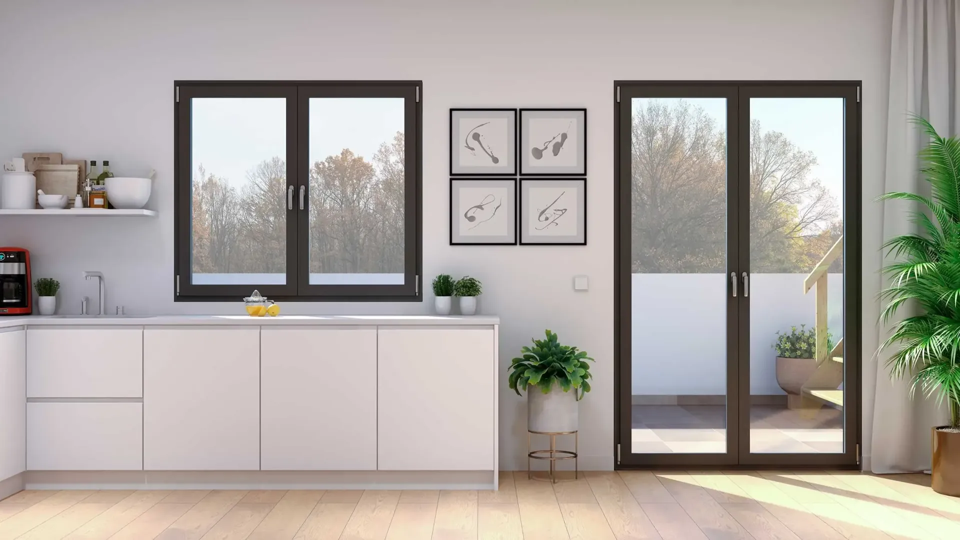 Cocina moderna y luminosa con armarios blancos, ventanas con marcos negros y una puerta de cristal que da a un patio soleado.