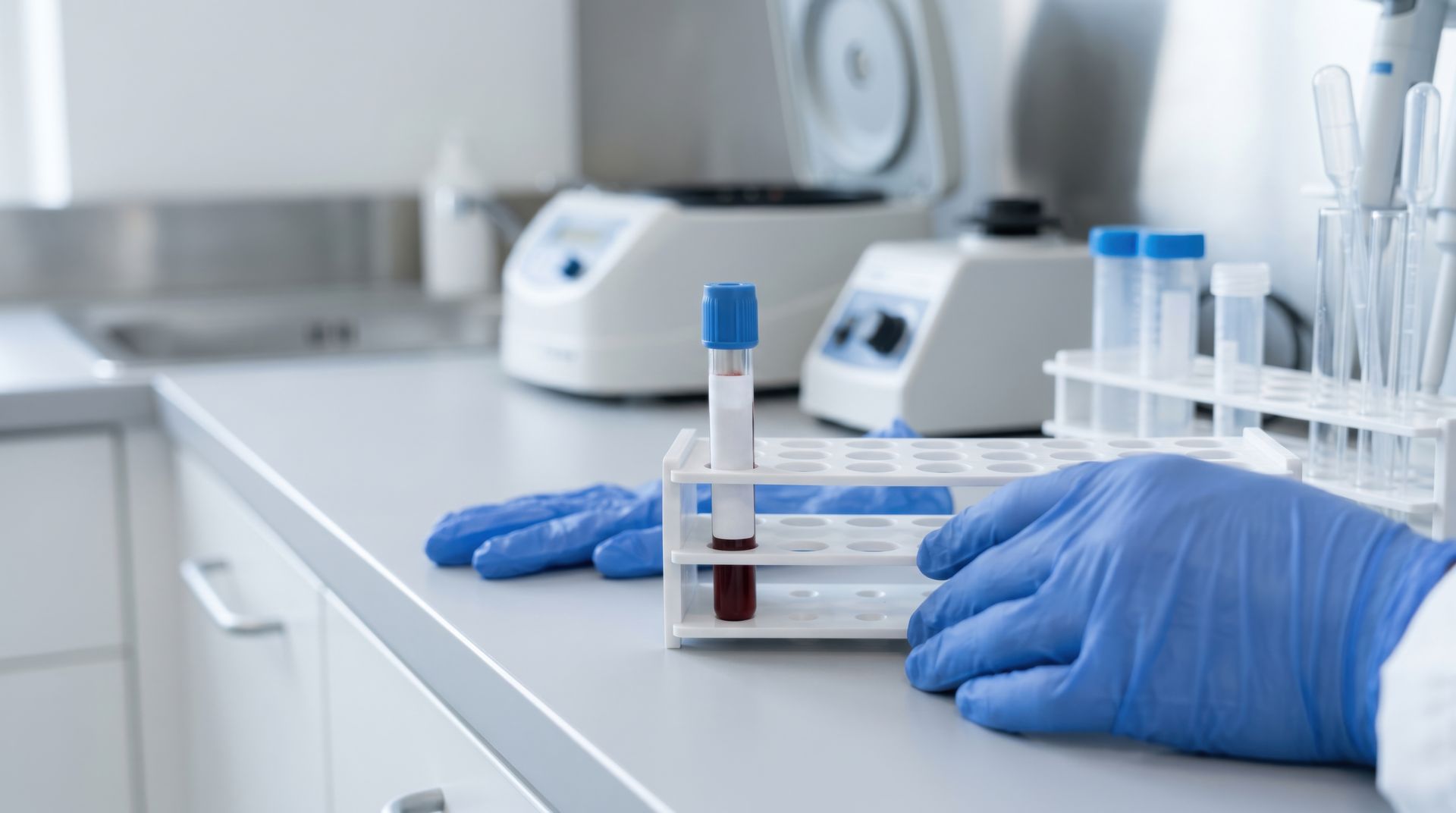 Des mains gantées de bleu manipulent des tubes à essai sur une paillasse de laboratoire, avec du matériel de laboratoire en arrière-plan.