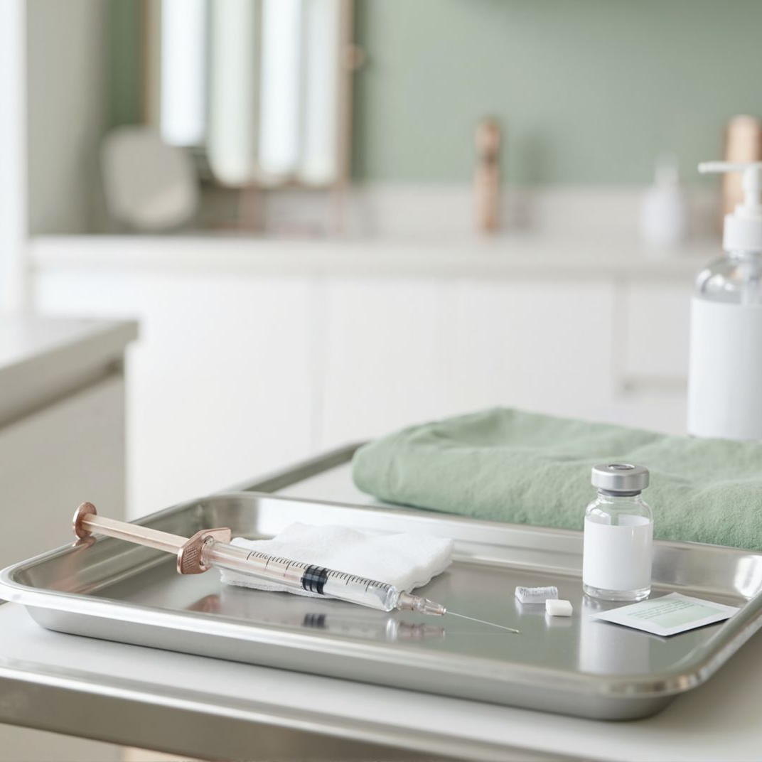 Plateau médical avec seringue, flacon, compresse et linge vert dans une salle clinique lumineuse
