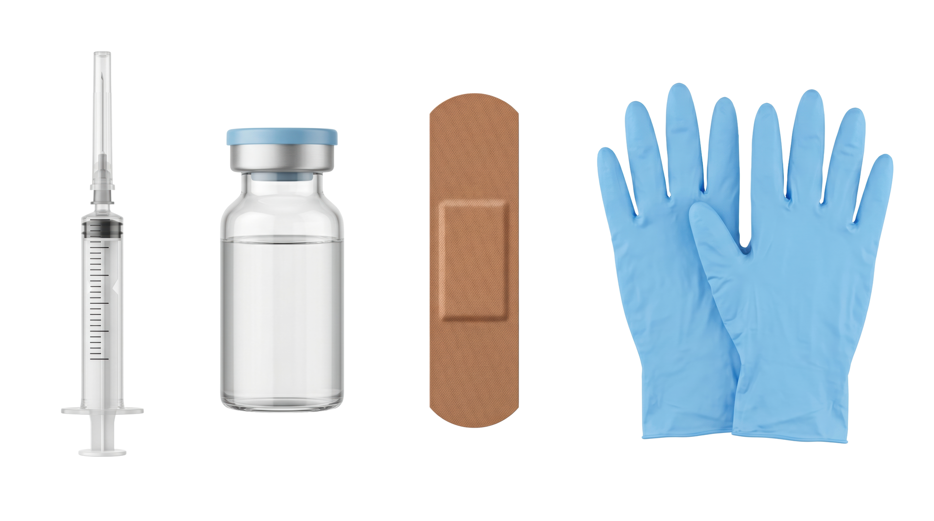 Seringue, flacon de médicament, pansement et gants bleus sur fond blanc