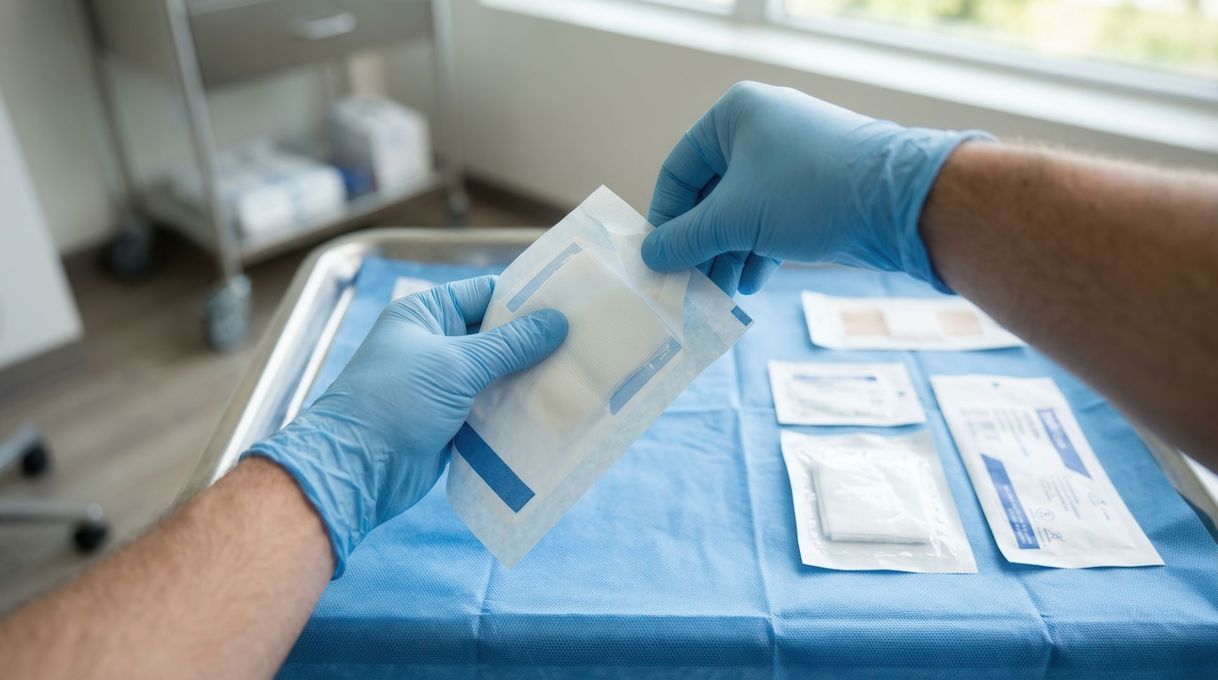 Des mains gantées de bleu manipulent des emballages médicaux stériles sur une table dans un environnement clinique.