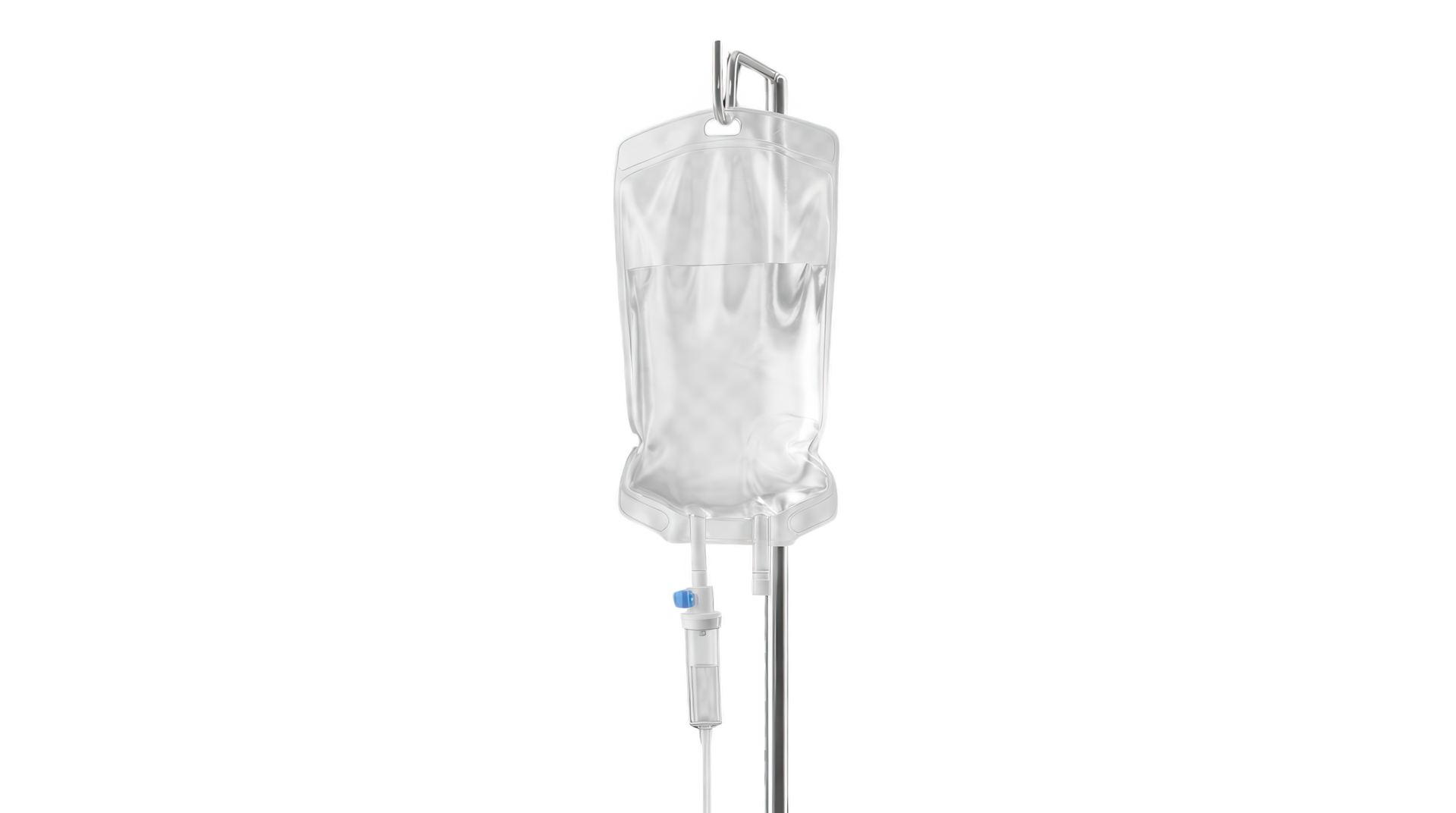 Poche de perfusion intraveineuse sur un support métallique avec chambre compte-gouttes et tubulure intégrées