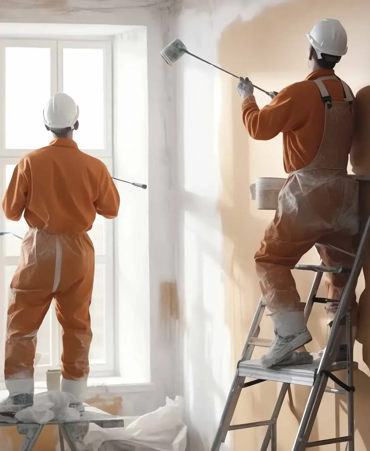 Dos hombres están pintando una pared y uno está de pie en una escalera.