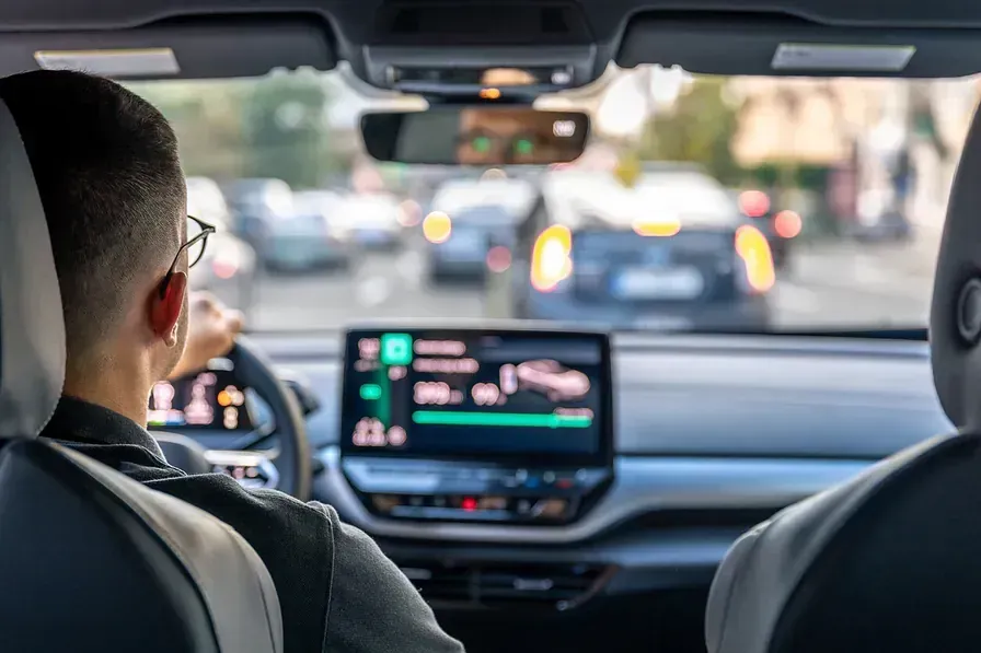 Hombre conduciendo un coche, vista desde el asiento trasero; tráfico de la calle visible en la carretera, foco en el interior del coche.