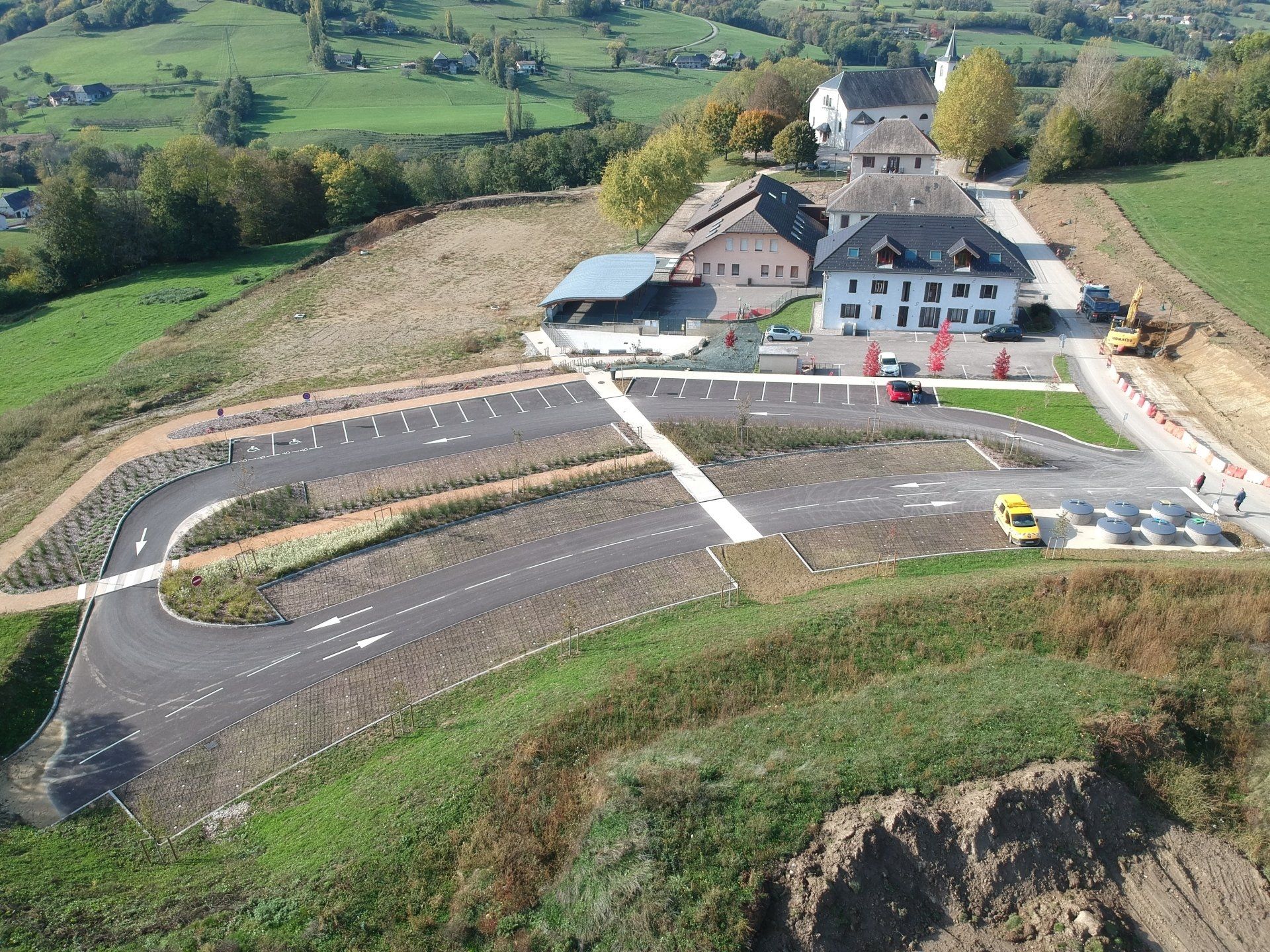Aménagement de voirie à Moye, début de chantier vu du ciel