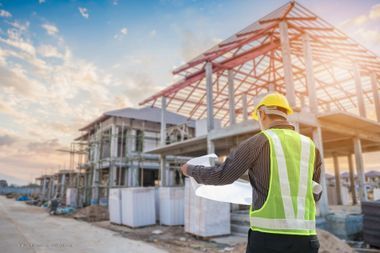 Bauherr mit Bauplan steht vor einer Baustelle