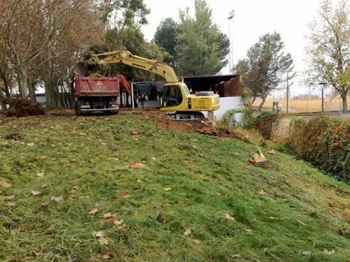 Una excavadora amarilla está cargando tierra en un camión volquete en un campo de hierba.