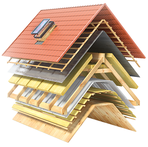 Visuel en 3D d'une toiture avec plusieurs couches apparentes et fenêtre de toit