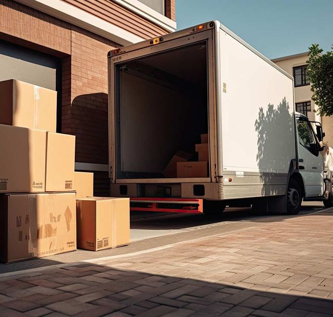 Un camión de reparto está siendo cargado con cajas de cartón junto a la entrada de un edificio.