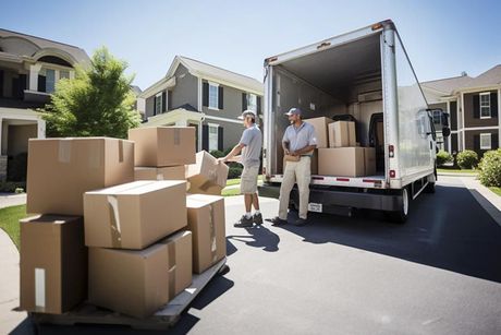Un camión de mudanzas está siendo descargado con cajas de cartón apiladas en la entrada de una casa en las afueras.