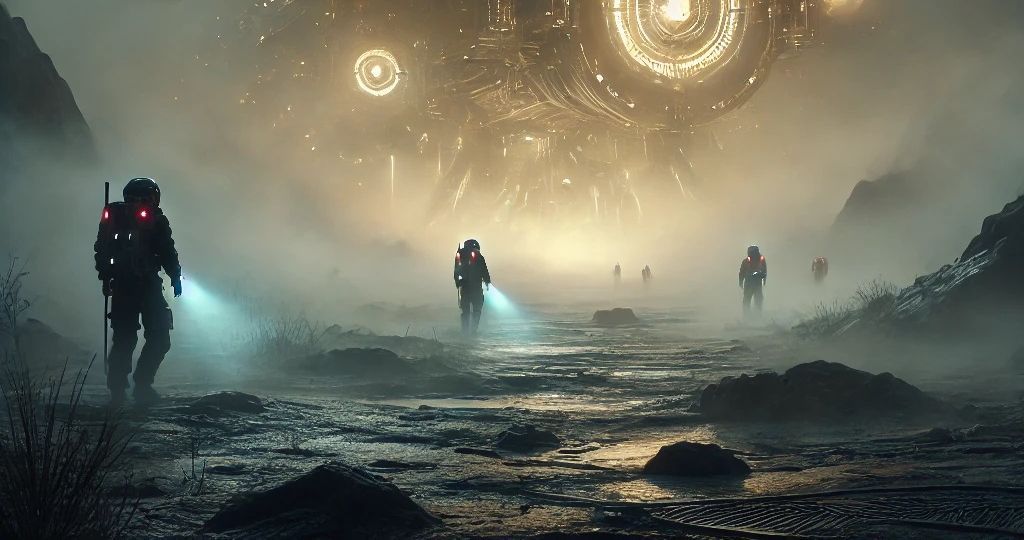Un grupo de personas camina por una zona con niebla con un objeto gigante en el fondo.