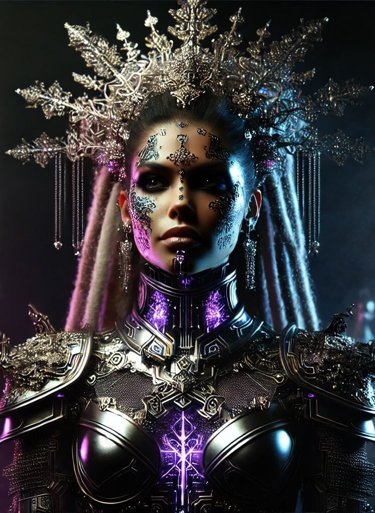 Una mujer con rastas y una corona en la cabeza lleva una armadura.